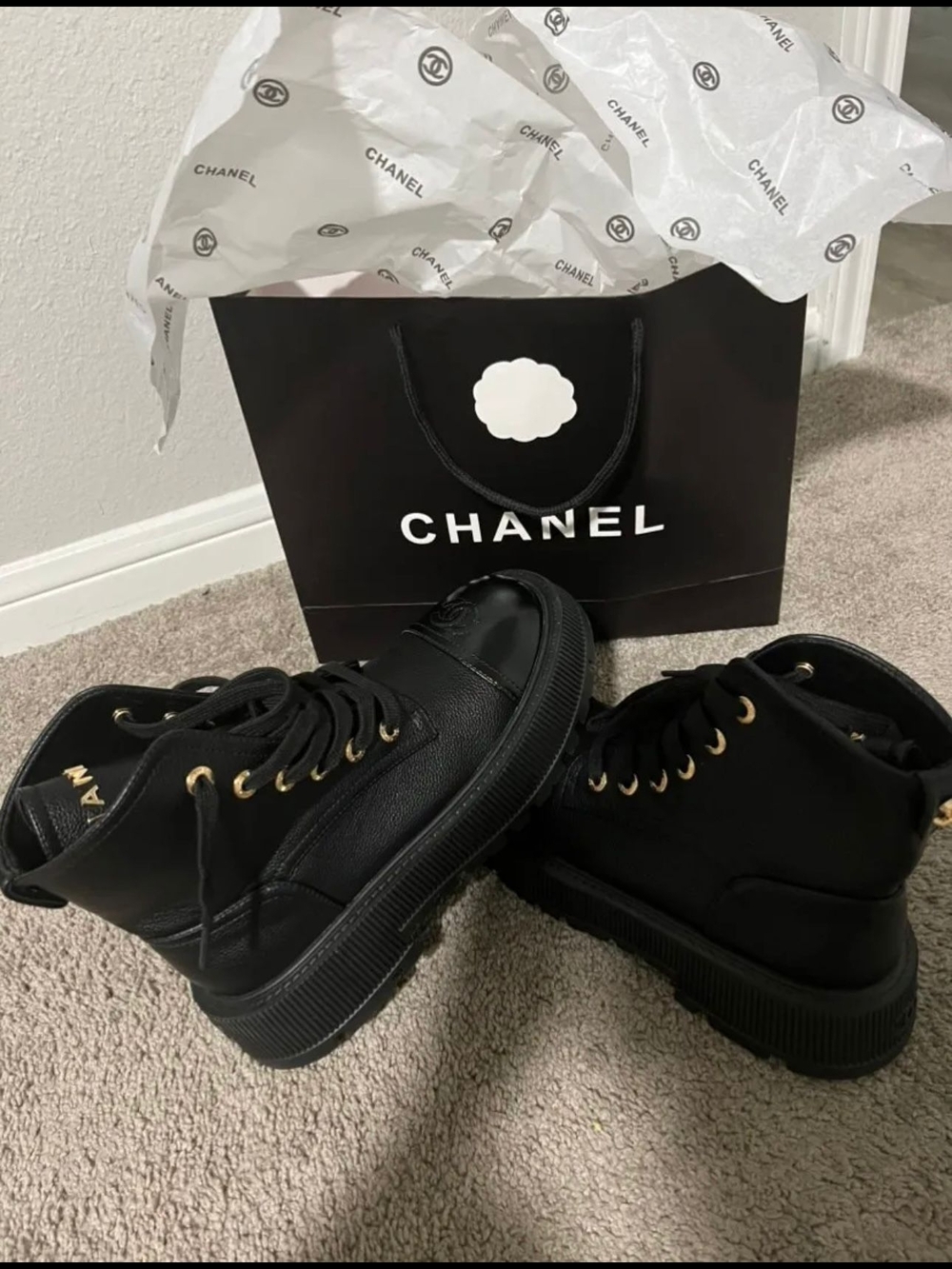 Black Leather Lace-Up Boot with Gold Accents